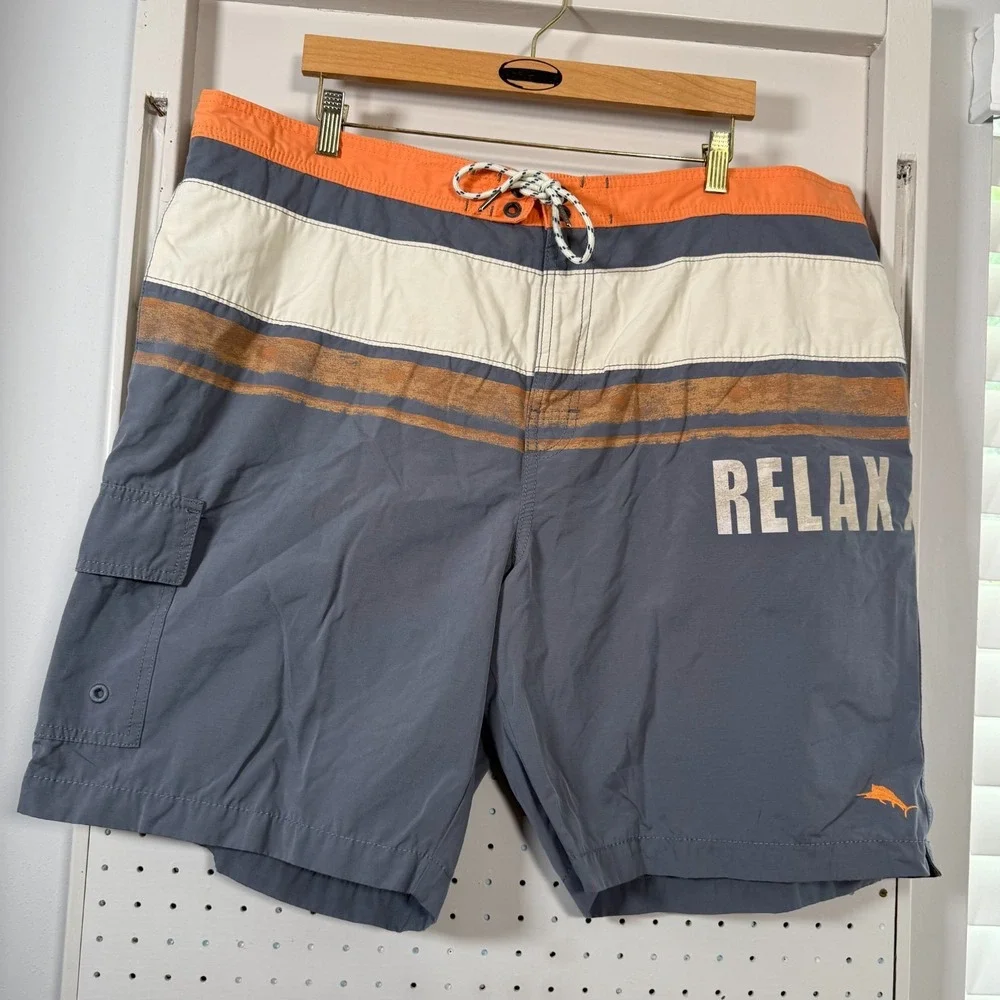 Tommy Bahama Relax Swim Shorts Men's Blue Striped Drawstrings Trunks Beach - 2XL